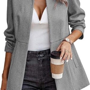 elleven women’s open front herringbone blazer business casual long sleeve work jacket with full lining and padded shoulders