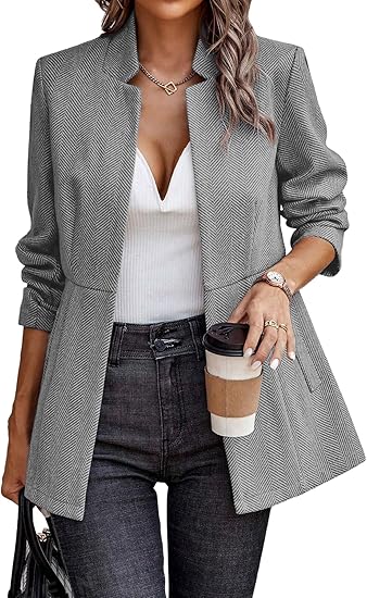 elleven women’s open front herringbone blazer business casual long sleeve work jacket with full lining and padded shoulders elleven women’s open front herringbone blazer business casual long sleeve work jacket with full lining and padded shoulders